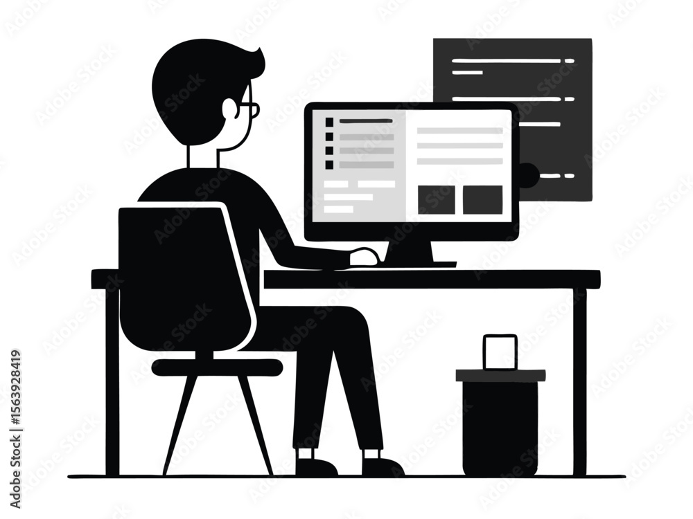 Poster vector illustration of a person working on a computer in monochrome style at a desk. computer, worki
