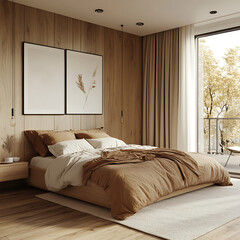 Contemporary apartment bedroom with minimalist Scandinavian style, warm wooden textures, tranquil mood, professional camera shot 