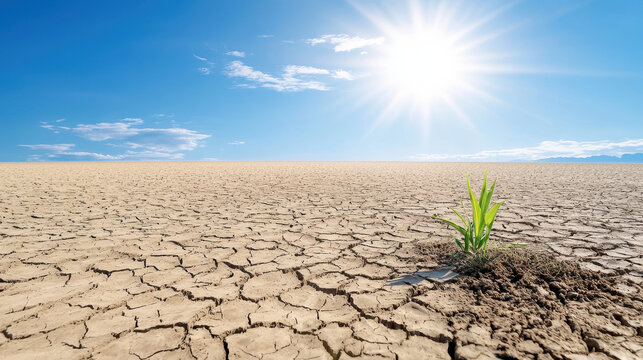 Resilient green plant emerges from cracked dry soil under bright sun, symbolizing hope in climate challenged environment