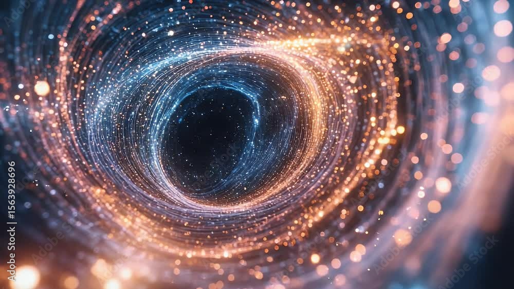 Poster abstract visualization of swirling particles in shades of orange and blue creating a dynamic and ene