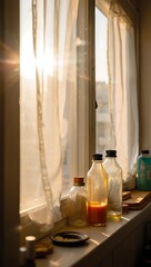 Warm Sunlight Streaming Through Curtains Illuminating Kitchen Counter Items