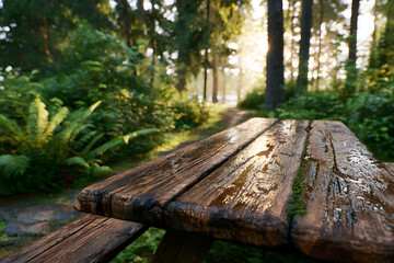Fototapeta premium Wet Wooden Picnic Table in Sunlit Forest weathered water droplets