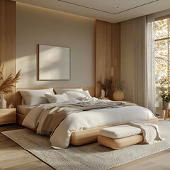 Clean and balanced bedroom interior with soft textures, neutral bedding, and modern minimalist symmetry 