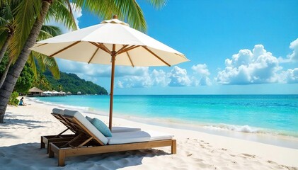 Obraz premium Serene Beach Relaxation Comfortable Beds Under Shade, Tropical Getaway Imagery Perfect for Summer Vacation Planning and Travel Advertising