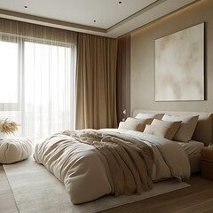 Clean and balanced bedroom interior with soft textures, neutral bedding, and modern minimalist symmetry 