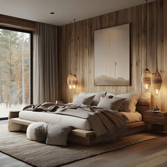 Chic wooden bedroom design, minimalist furnishings, elegant lighting fixtures, peaceful ambiance, interior visualization render 