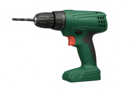 Green electric screwdriver with drill bit isolated on transparent background, ready for drilling and construction work