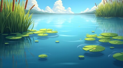 A crystal-clear image of a calm pond surrounded by tall grass and cattails, soft ripples on the water reflecting the blue sky and floating lily pads -
