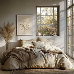 Calm and cozy bedroom with filtered natural light, minimalist framed prints, and warm fabric textures 