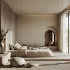 Balanced minimalist interior bedroom with tonal harmony, orderly furnishings, and a soothing atmosphere 