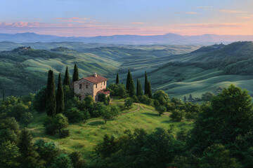 Tuscan farmhouse nestled amongst rolling green hills at dawn tuscany landscape
