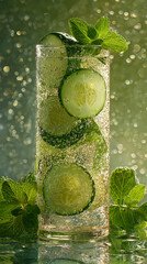 Refreshing cucumber and mint beverage with bubbles in focus