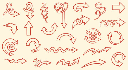Doodle Arrow Collection. Hand drawn vintage pointer set in red line art style. Vector sketch icons for presentations, infographics, or navigation. arrow collection