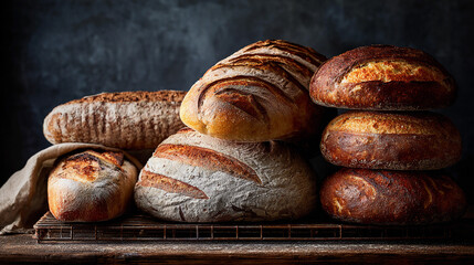 Artisanal bread collection on a rustic wooden surface