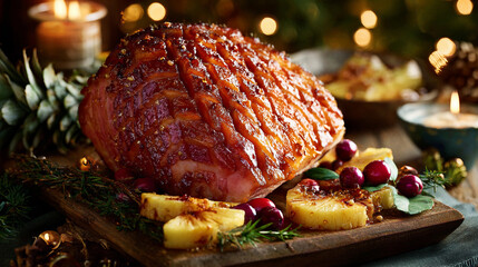 Holiday glazed ham with pineapples and cranberries on wooden board