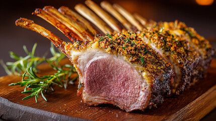 Delightful rack of lamb with herbs on wooden serving board