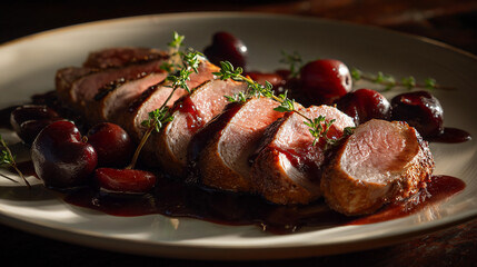 Deliciously plated duck breast with cherries and herbs on elegant dish