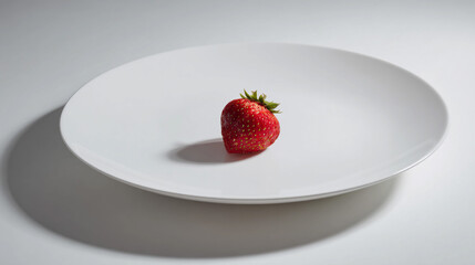 Bright red strawberry on a plain white plate in soft lighting
