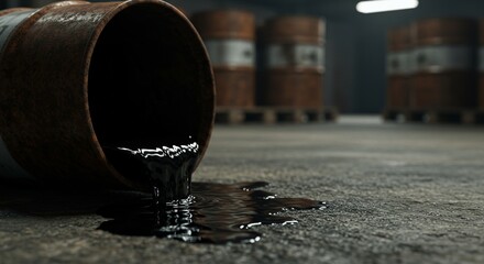 Close-up of leaking oil barrel in storage area, industrial accident or contamination risk