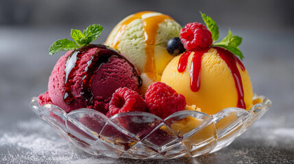 Colorful ice cream scoops served with fresh berries in a bowl