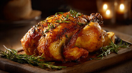 Succulent roasted chicken garnished with herbs on wooden platter