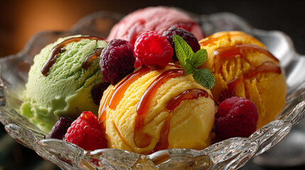 Colorful dessert with ice cream scoops and fresh fruit in a bowl