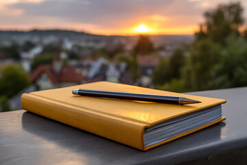 Yellow journal with dark pencil against sunset cityscape notebook writing