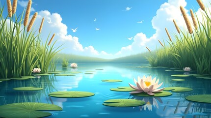 A crystal-clear image of a calm pond surrounded by tall grass and cattails, soft ripples on the water reflecting the blue sky and floating lily pads -