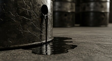 Close-up of leaking oil barrel in storage area, industrial accident or contamination risk