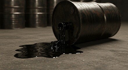 Close-up of leaking oil barrel in storage area, industrial accident or contamination risk