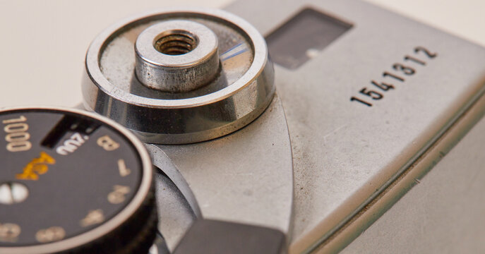 Macro stock photography, of an old manual 35mm SLR camera with a 50mm F/1.4 lens!