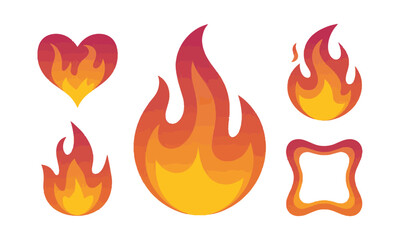 A collection of fire-themed vector elements  should various flame shapes, such as curves, hearts, frames, and other dynamic fire patterns, easily editable.