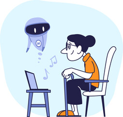 AI Entertains Elderly Woman with Personalized Music Playlist . Cartoon Vector Illustration of Senior Using Artificial Intelligence for Leisure.