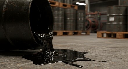 Close-up of leaking oil barrel in storage area, industrial accident or contamination risk