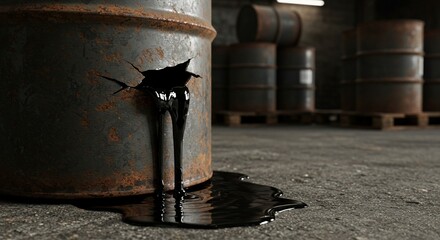 Close-up of leaking oil barrel in storage area, industrial accident or contamination risk