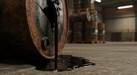Close-up of leaking oil barrel in storage area, industrial accident or contamination risk