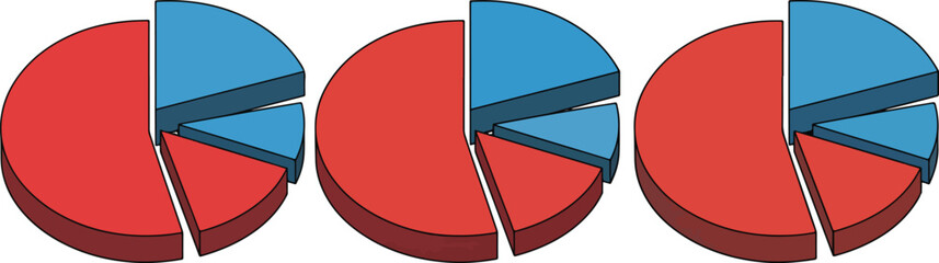 three 3d pie charts with red and blue segments isolated on transparent background