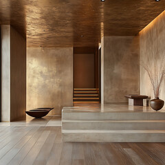 Architectural photograph of warm interior textures, ceiling and flooring contrast in tone and grain, refined composition 