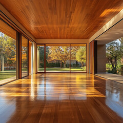 Architectural interior shot highlighting contrast between polished wooden floor and matte wooden ceiling, focus on symmetry and natural light 