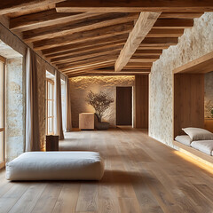 Architectural interior photography of wooden floor and ceiling contrast, focus on textures and balance 