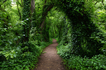 Verdant forest path winding through lush green ivy covered trees image