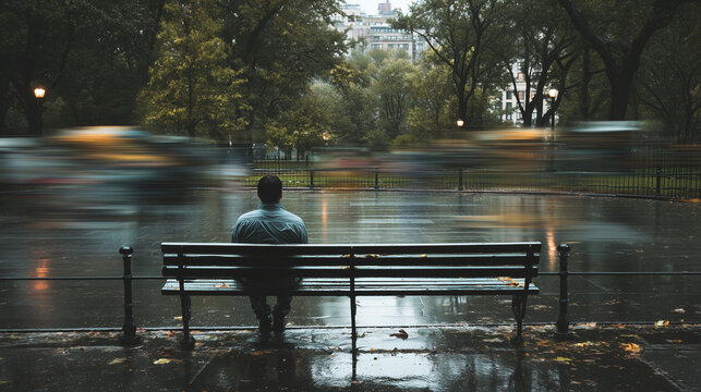 A man sitting alone on a park bench under the rain, reflective mood, wet environment, gloomy atmosphere, peaceful moment, rainy day, solitude, urban park scene.