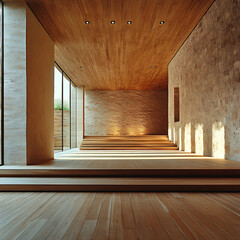 Architectural interior photography of wooden floor and ceiling contrast, focus on textures and balance 