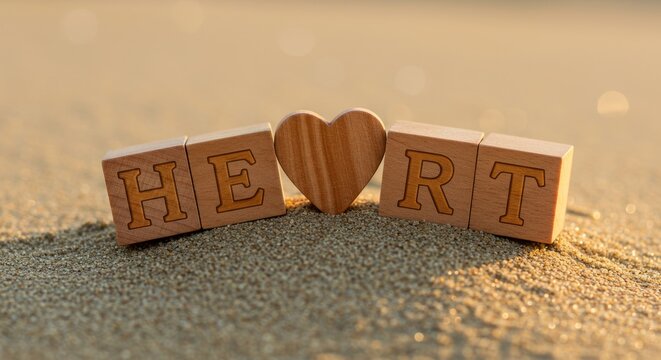 Wooden blocks spelling heart on sandy beach at sunset