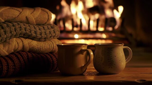 Warm sweaters and mugs by a cozy fireplace glow, relaxing home scene