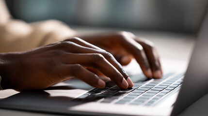 Fingers actively typing on a laptop keyboard in a dimly lit room, illuminated by screen light.  
