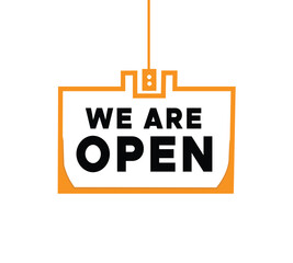 We are open hanging badge. banner icon for shop, outlet illustration design on white background. vector web graphic for announce.
