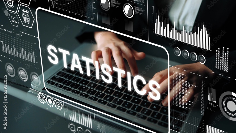 Poster professional data analysis with statistics visualization and graphs on laptop in modern office envir
