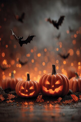 Oświetlone dynie z wyrzeźbionymi twarzami, latające nietoperze i pomarańczowe światełka tworzą upiorną atmosferę Halloween. Idealne na straszne tło.