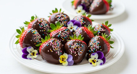 Chocolate Dipped Strawberries with Colorful Sprinkles and Edible Flowers on White Background